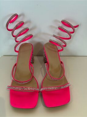 Refuge Hot Pink Rhinestone Spiral Wrap Barbiecore Square Toe Heels